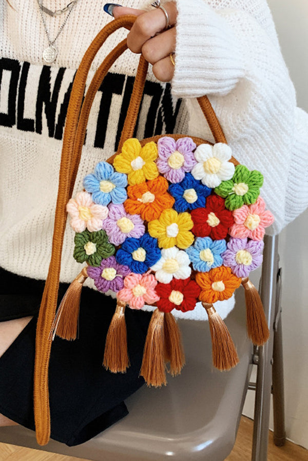 Coffee Colorful Flower Crochet Tasseled Shoulder Bag