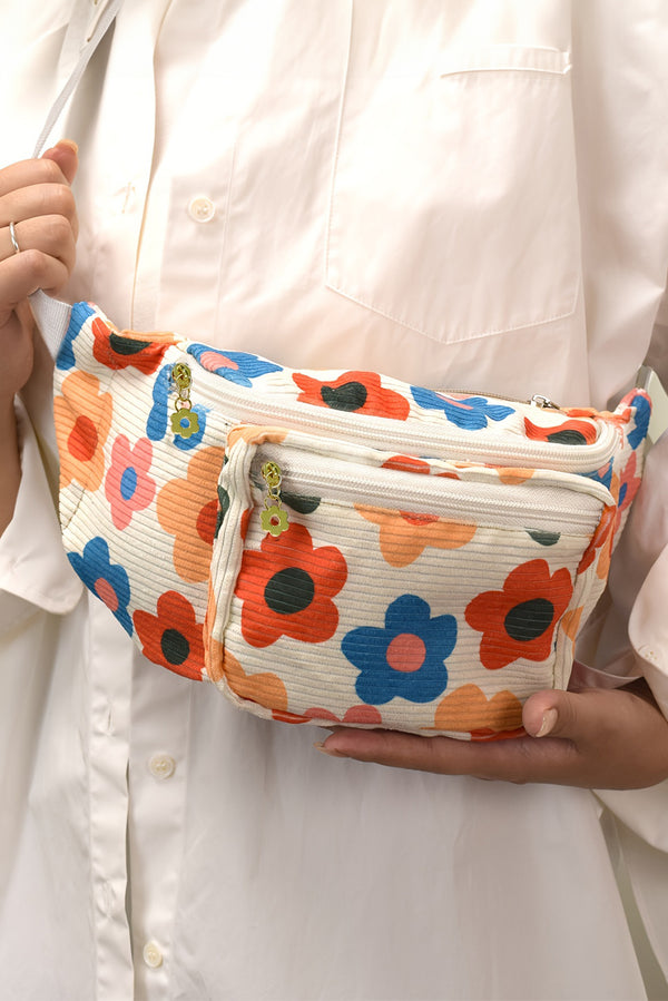 Khaki Colorful Flower Printed Rib Textured Waist Belt Bag