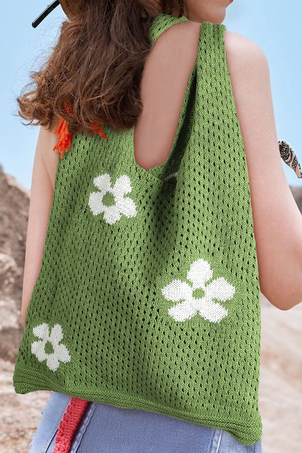 Spinach Green 60s Flower Hollow Knit Shoulder Bag