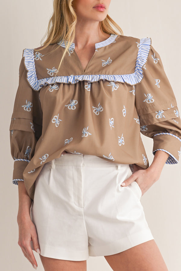 Brown Bow Print V Neck Puff Sleeve Blouse