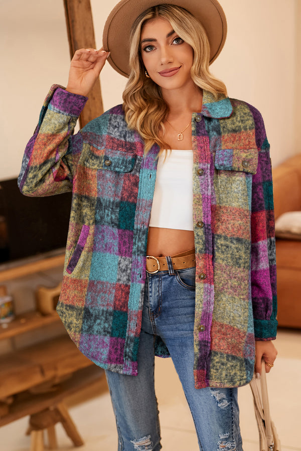 Multicolor Brushed Plaid Pocketed Oversize Shirt