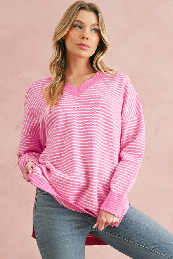 Pink Striped Scallop V Neck Split Knitted Sweater