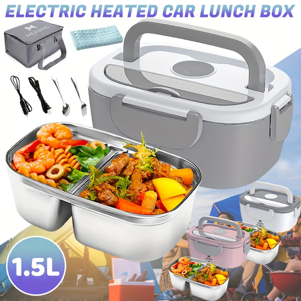 1pc 3-in-1 Electric Heated Lunch Box 65W Fast Heating Leakproof Stainless Steel Container with Spoon 50.72oz