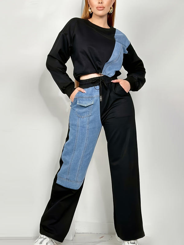 Women's Elastic Fiber Patchwork Trousers Set Round Neck Pocket Details Autumn and Winter Vacation Style