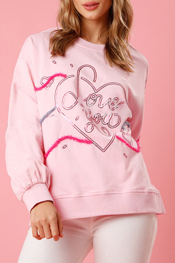 Pink Sequins Love You Crewneck Sweatshirt