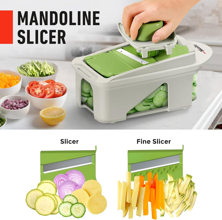 Mueller Pro-Series All-in-One, 12 Blade Mandoline Slicer for Kitchen, Food Chopper, Cucumber Slicer and Spiralizer, Cutter, Dicer, Grater, Gifts for Mom, Kitchen Essentials, White Sand/Green