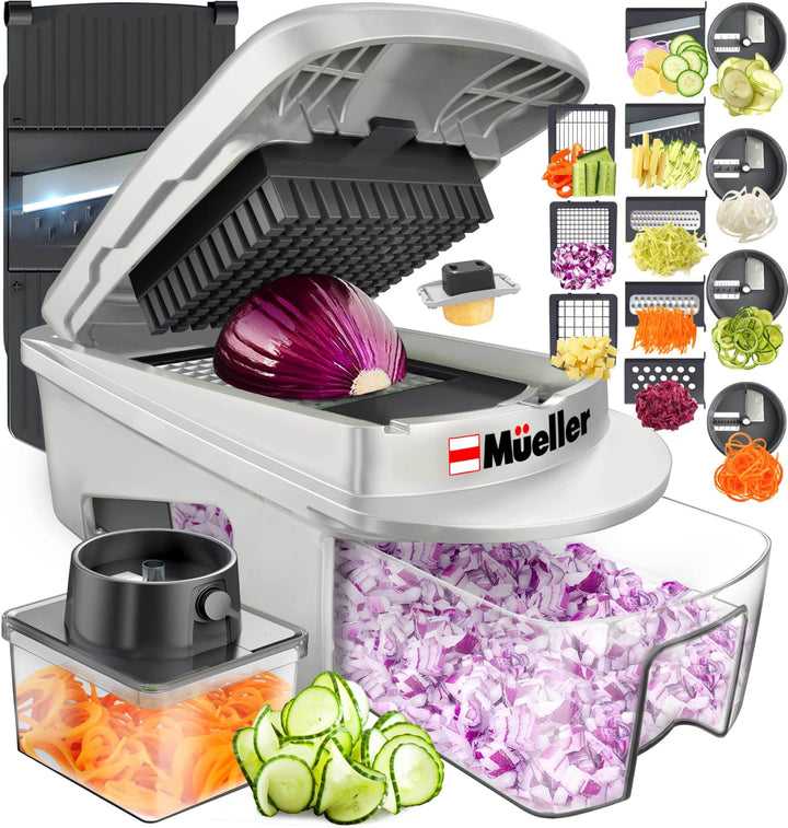 Mueller Pro-Series All-in-One, 12 Blade Mandoline Slicer for Kitchen, Food Chopper, Cucumber Slicer and Spiralizer, Cutter, Dicer, Grater, Gifts for Mom, Kitchen Essentials, White Sand/Green