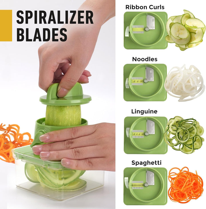 Mueller Pro-Series All-in-One, 12 Blade Mandoline Slicer for Kitchen, Food Chopper, Cucumber Slicer and Spiralizer, Cutter, Dicer, Grater, Gifts for Mom, Kitchen Essentials, White Sand/Green