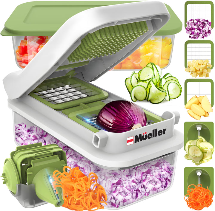 Mueller Pro-Series All-in-One, 12 Blade Mandoline Slicer for Kitchen, Food Chopper, Cucumber Slicer and Spiralizer, Cutter, Dicer, Grater, Gifts for Mom, Kitchen Essentials, White Sand/Green