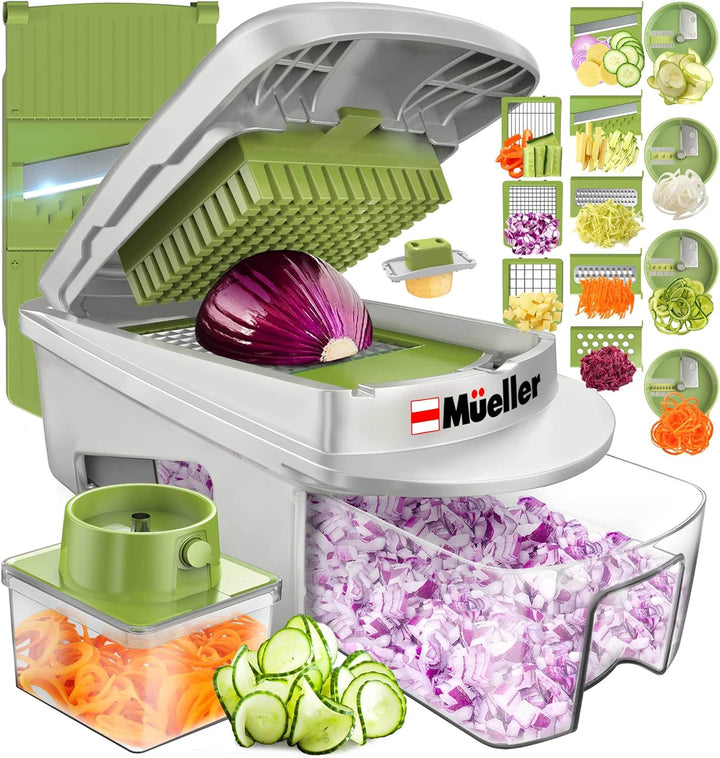 Mueller Pro-Series All-in-One, 12 Blade Mandoline Slicer for Kitchen, Food Chopper, Cucumber Slicer and Spiralizer, Cutter, Dicer, Grater, Gifts for Mom, Kitchen Essentials, White Sand/Green