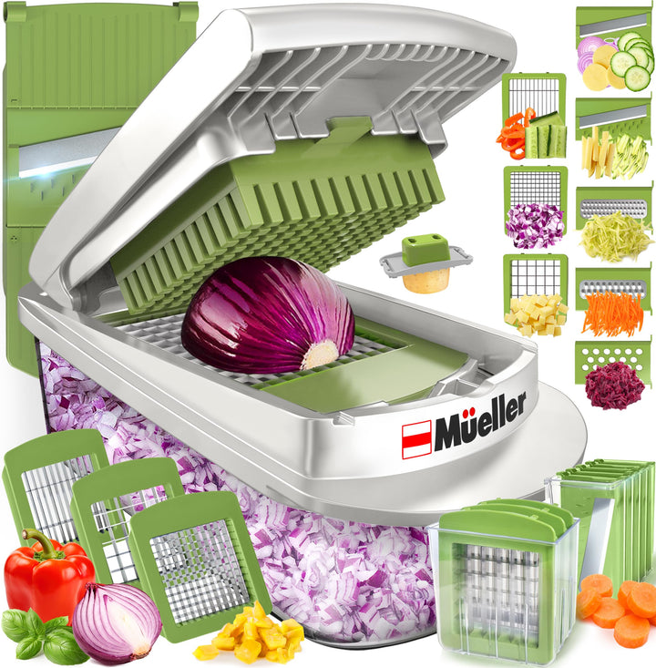 Mueller Pro-Series All-in-One, 12 Blade Mandoline Slicer for Kitchen, Food Chopper, Cucumber Slicer and Spiralizer, Cutter, Dicer, Grater, Gifts for Mom, Kitchen Essentials, White Sand/Green