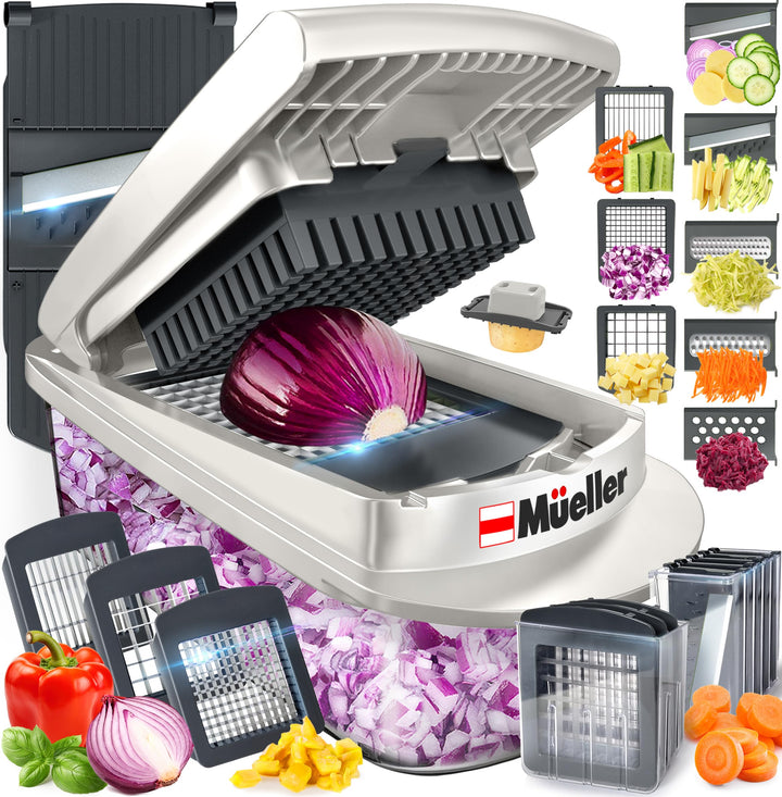 Mueller Pro-Series All-in-One, 12 Blade Mandoline Slicer for Kitchen, Food Chopper, Cucumber Slicer and Spiralizer, Cutter, Dicer, Grater, Gifts for Mom, Kitchen Essentials, White Sand/Green