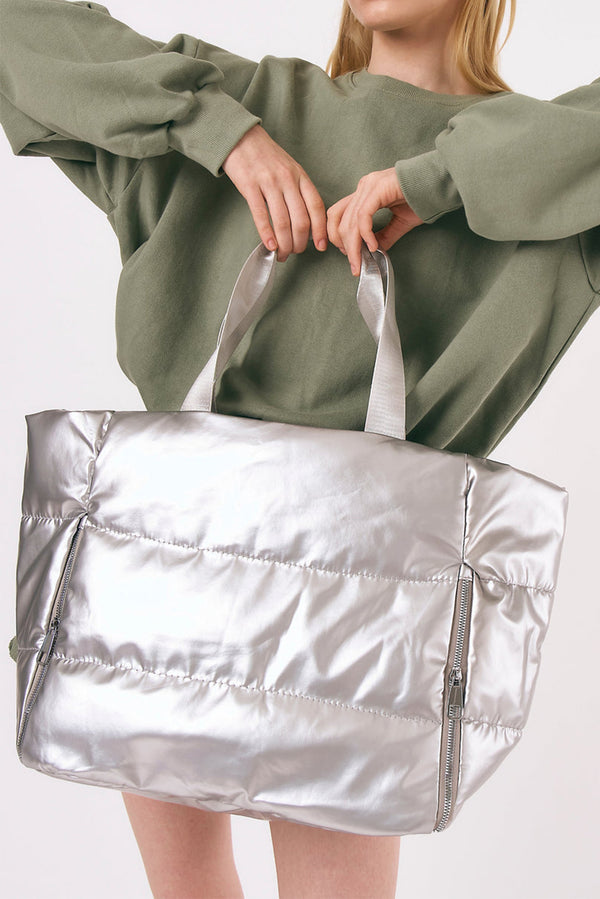 Silvery Solid Color Zipper Puffer Large Tote Bag