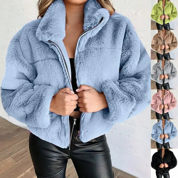 New Women's Autumn Winter Faux Fur Short Coats Zipper Cardigan Plush Warm Coat Female Oversized Outerwear