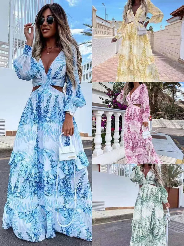 Elegant Women's Long Dresses 2025 Spring New Print V-neck Long Sleeve Dress Vestidos