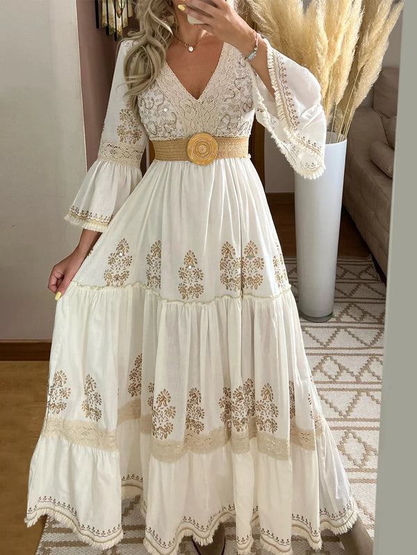 2025 Long Dress Women Summer Boho Lace Dresses Female Beach Holiday Hollow Out Dress Ladies Elegant Vintage