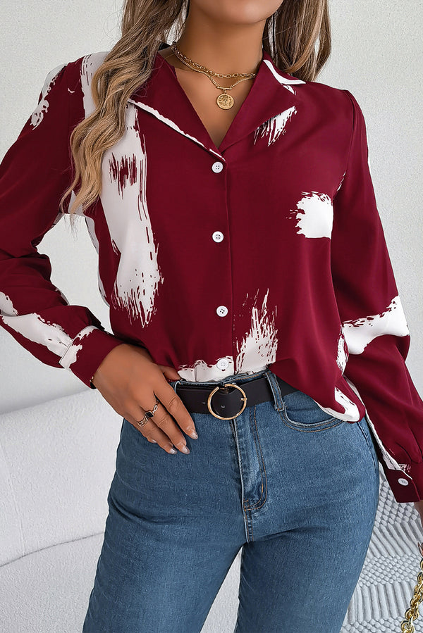 Red Abstract Random Print Collared Long Sleeve Shirt