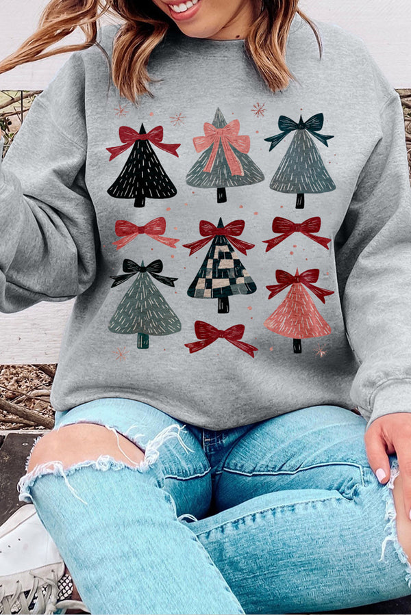 Gray Christmas Tree Bow Knot Print Drop Shoulder Sweatshirt